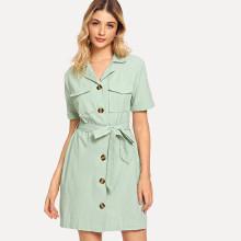 Shein Dual Pocket Front Tie Waist Button Through Dress