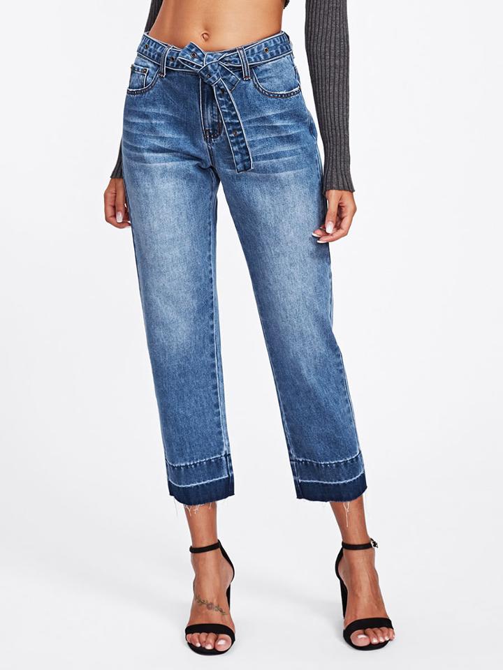 Shein Contrast Hem Self Belt Culotte Jeans