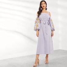Shein Cold-shoulder Embroidered Lantern Sleeve Dress