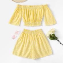 Shein Off Shoulder Frill Trim Striped Top With Shorts