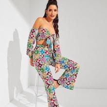 Shein Knot Front Allover Print Top & Pants Co-ord