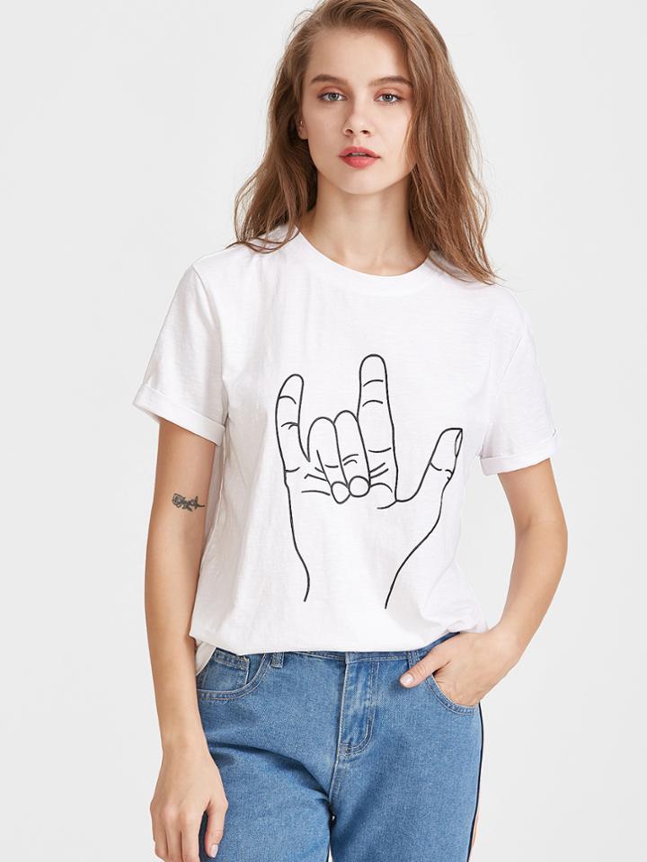 Shein Hand Gesture Print Slub Tee