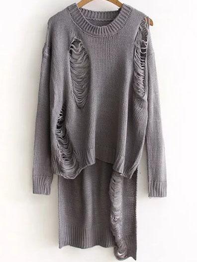 Shein Grey Ripped Drop Shoulder High Low Sweater