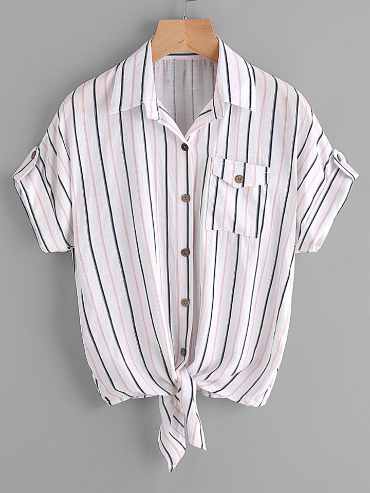Shein Striped Knot Front Cuffed Shirt With Chest Pocket