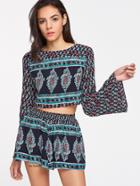 Shein Ornate Print Bell Sleeve Crop Top With Shorts