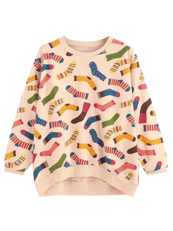 Shein Apricot Socks Print Dip Hem Sweatshirt