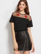 Shein Black Embroidered Rose Applique Mesh Shoulder T-shirt