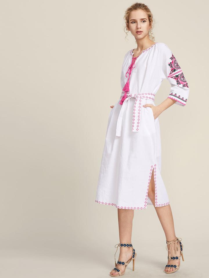 Shein Embroidered Tassel Tie Front Slit Side Belted Dress