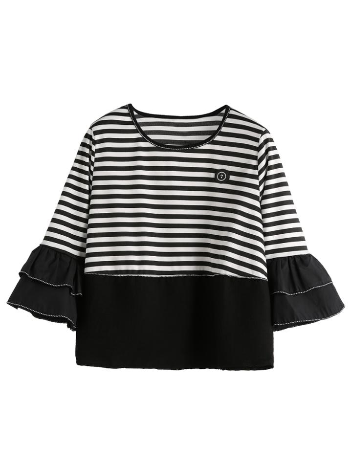Shein Contrast Striped Ruffle Cuff T-shirt
