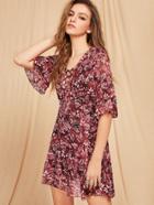 Shein Plunge Lace Up Calico Print Tiered Bell Sleeve Dress