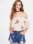 Shein Elastic Bardot Neck Layered Sleeve Embroidered Floral Top