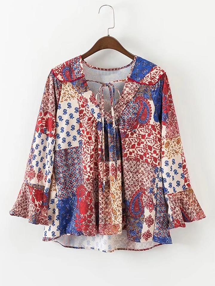 Shein Flounce Sleeve Lace Up Neck Blouse