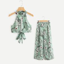 Shein Plant Print Tie Back Top & Wide Leg Pants