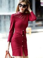 Shein Win Red Stand Collar Length Sleeve Contrast Pu Dress