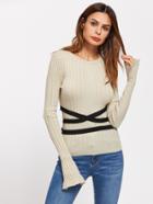 Shein Contrast Cross Wrap Belt Detail Slit Sleeve Jumper