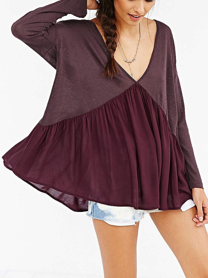 Shein Burgundy Deep V Neck Backless Loose Blouse