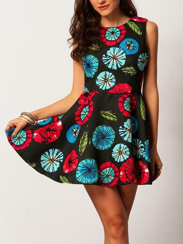 Shein Colour Sleeveless Floral Slim Flare Dress