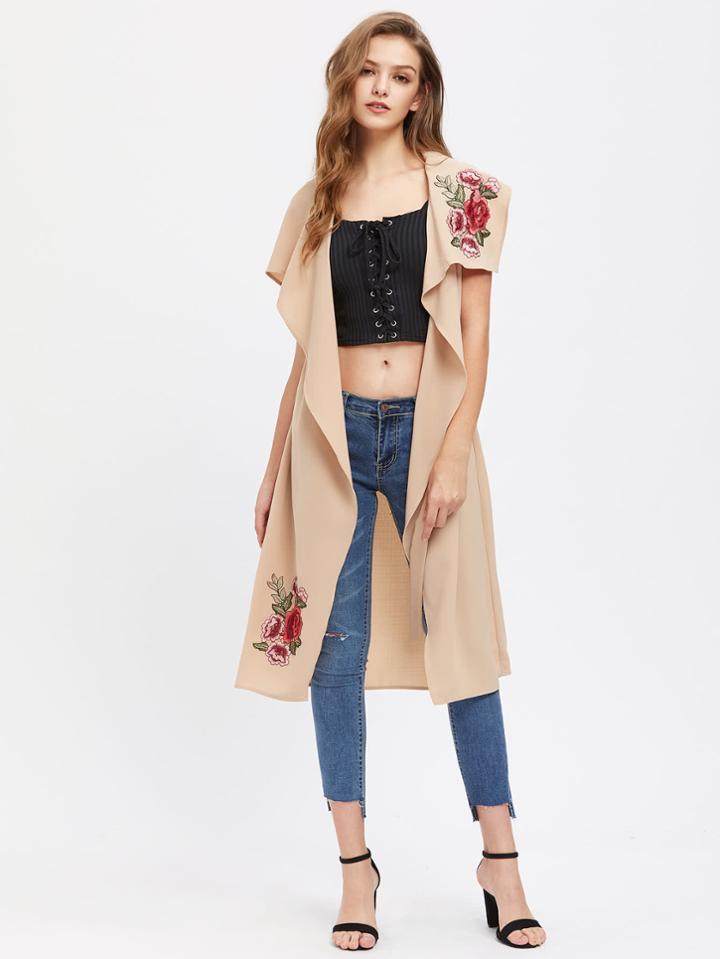 Shein Embroidered Flower Applique Self Belt Waterfall Vest