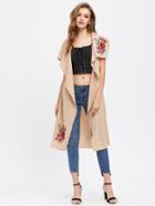 Shein Embroidered Flower Applique Self Belt Waterfall Vest