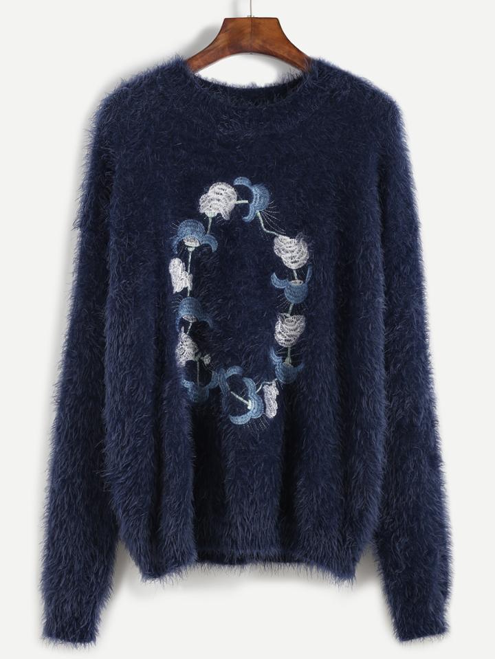 Shein Navy Embroidered Fluffy Sweater