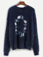 Shein Navy Embroidered Fluffy Sweater