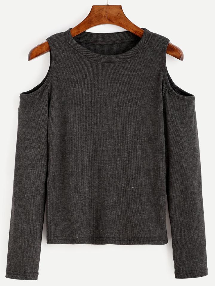 Shein Dark Grey Open Shoulder Knit T-shirt