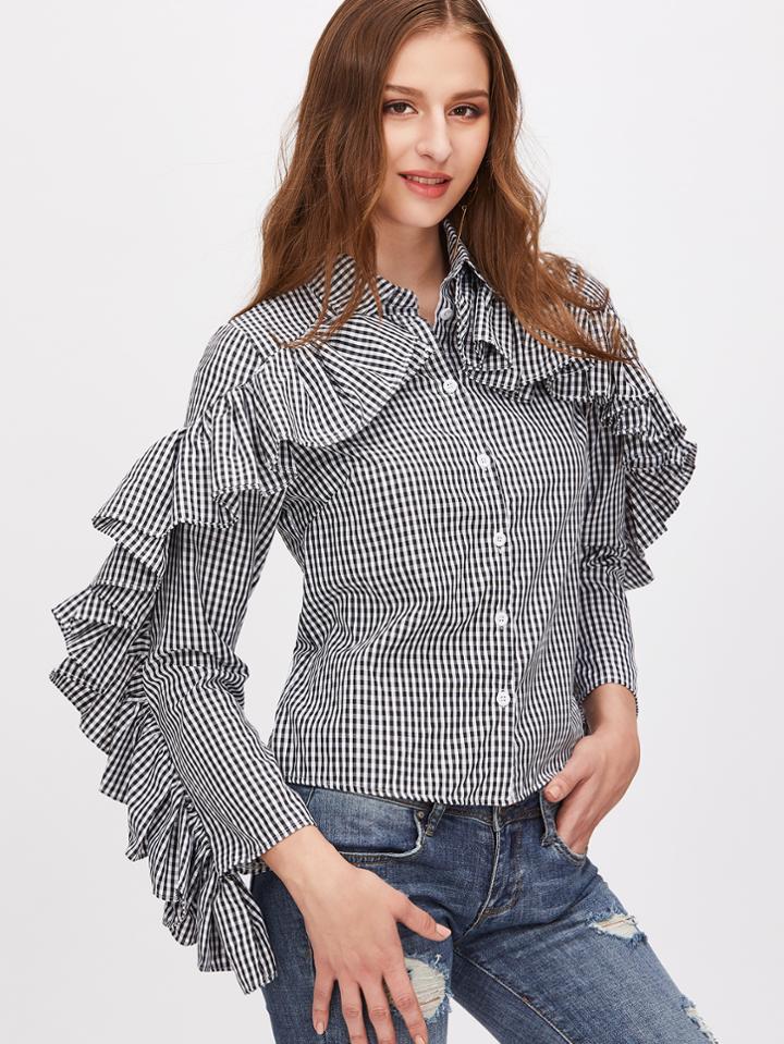 Shein Gingham Plaid Ruffle Trim Shirt