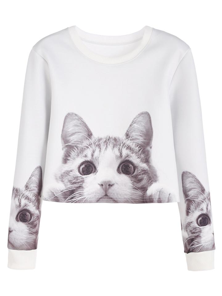 Shein White Cats Print Crop Sweatshirt