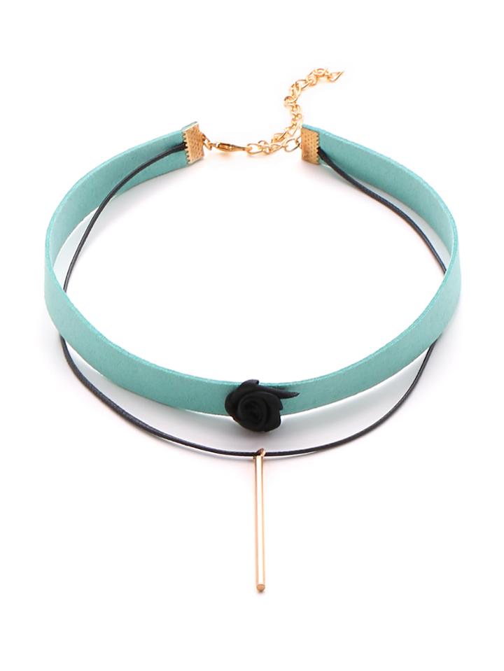 Shein Bar And Flower Detail Layered Velvet Necklace
