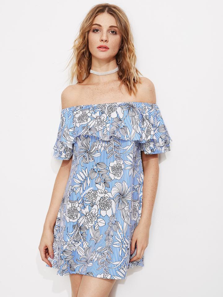 Shein Allover Jungle Print Flounce Layered Striped Dress