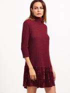 Shein Burgundy Ribbed Knit High Neck Velvet Ruffle Trim Dress