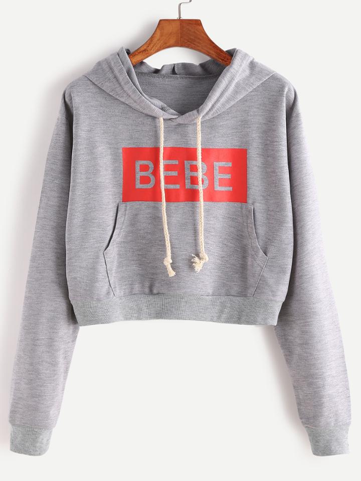Shein Heather Grey Hooded Letter Print Pocket Crop Sweatshirt