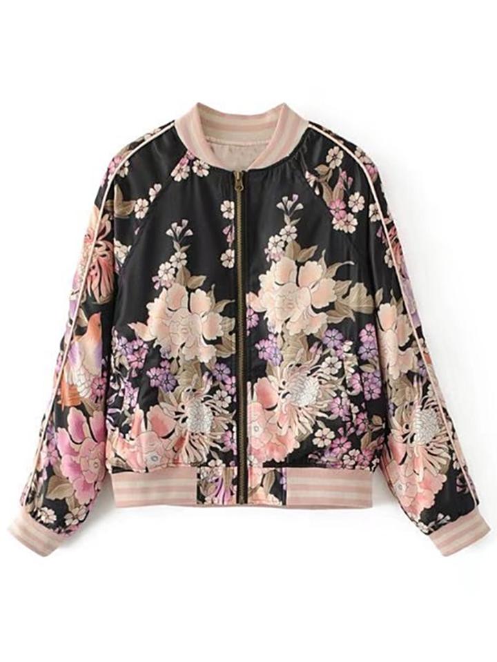 Shein Random Florals Striped Trim Bomber Jacket