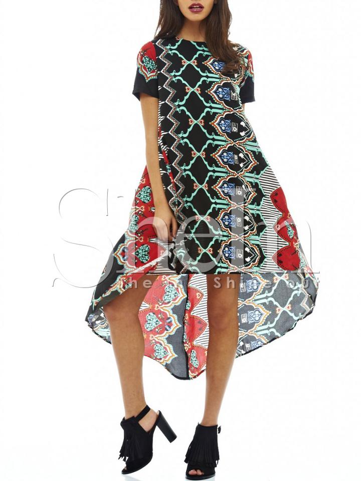 Shein Crew Neck Aztec Print Dip Hem Dress