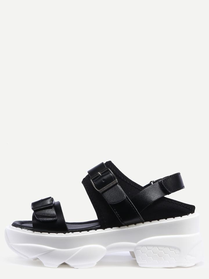 Shein Black Peep Toe Buckle Velcro Wedges