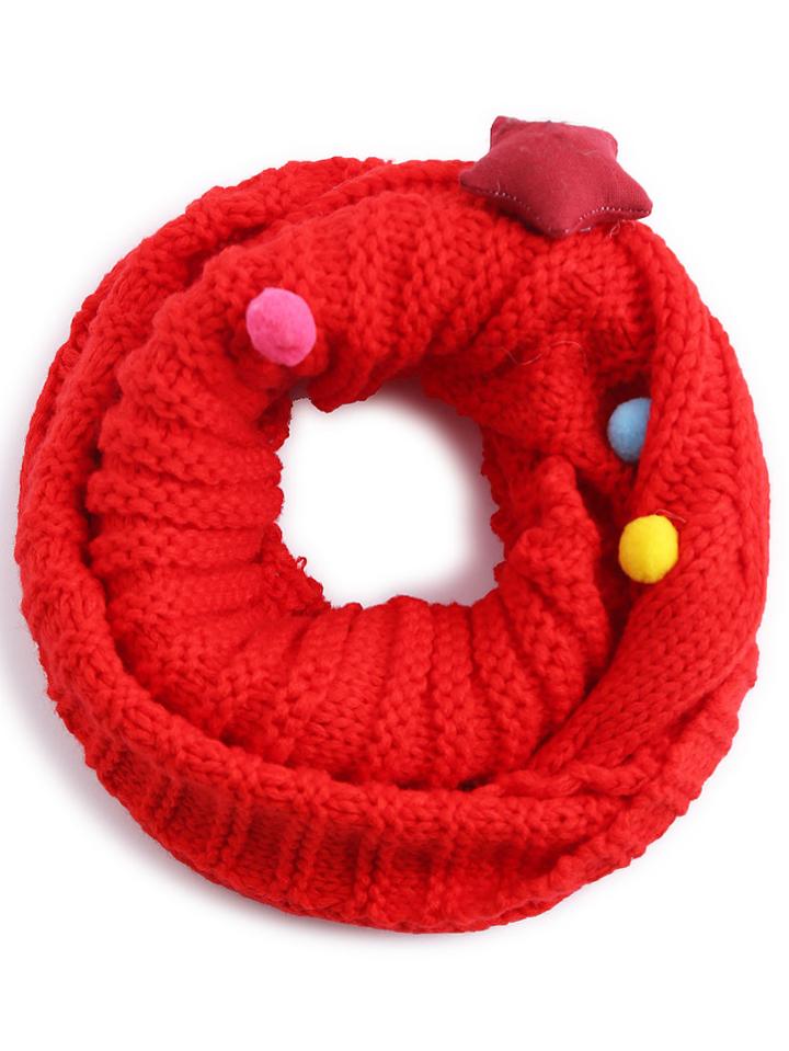 Shein Red Cable Ribbed Pom Pom Knit Infinity Scarf