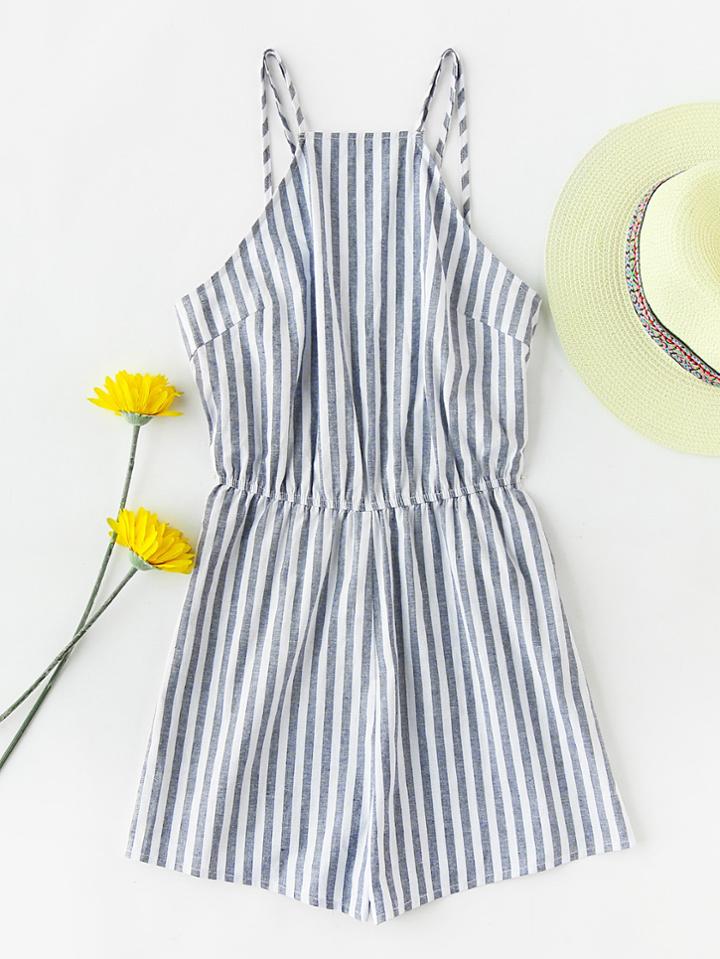 Shein Racerneck Double Strap Open Back Striped Playsuit