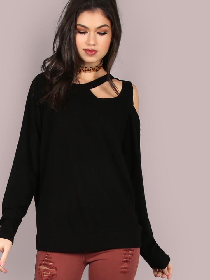 Shein Cut Out Sleeved Soft Fleece Top Black