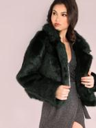 Shein Green Stand Collar Open Front Faux Fur Coat