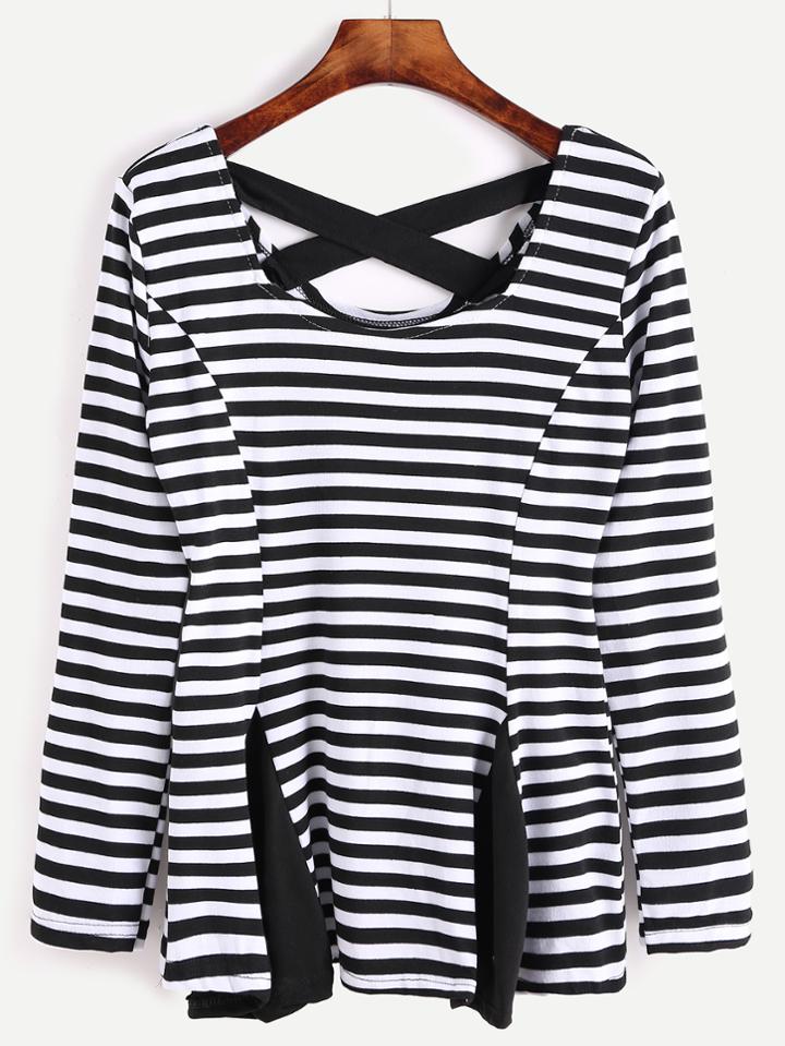 Shein Contrast Striped Criss Cross Back Peplum T-shirt