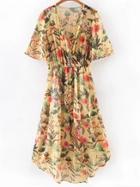 Shein Multicolor Cross V Neck Floral Print Midi Dress