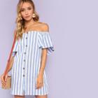 Shein Off Shoulder Button Up Striped Dress