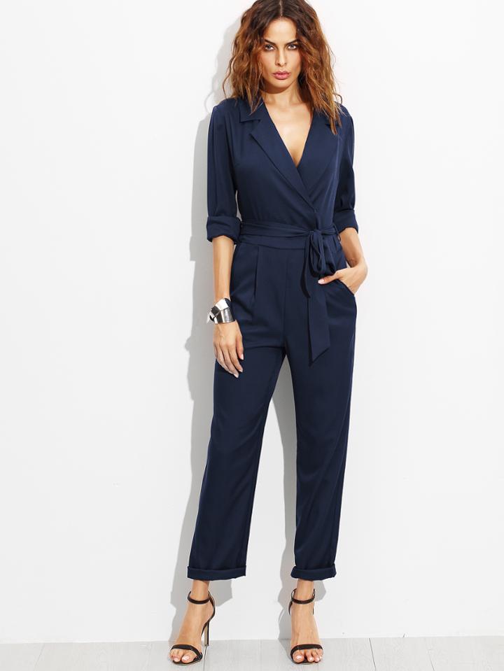 Shein Navy Surplice Self Tie Tux Jumpsuit