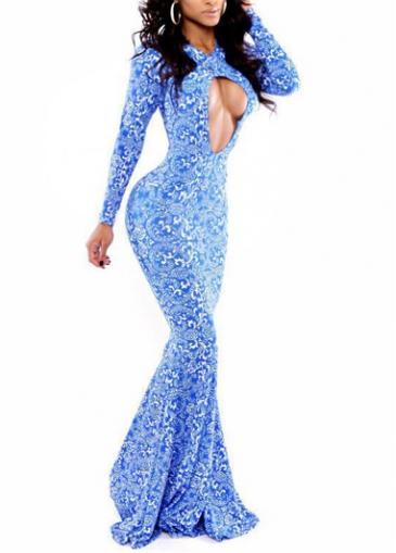 Rosewe Elegant Hollow Design Long Sleeve Blue Mermaid Dress