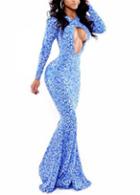 Rosewe Elegant Hollow Design Long Sleeve Blue Mermaid Dress