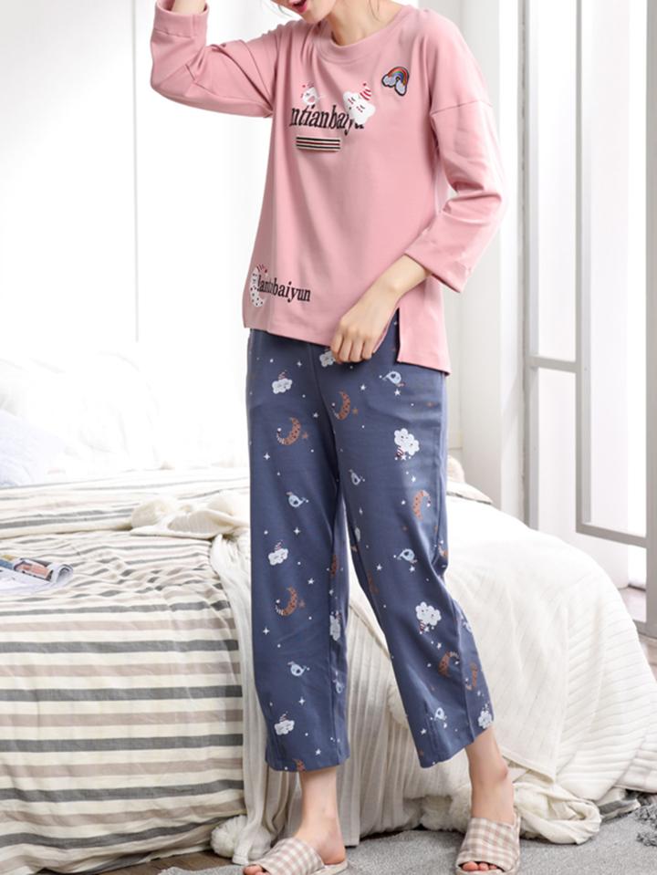 Shein Drop Shoulder Cartoon Patch Tee & Pants Pj Set