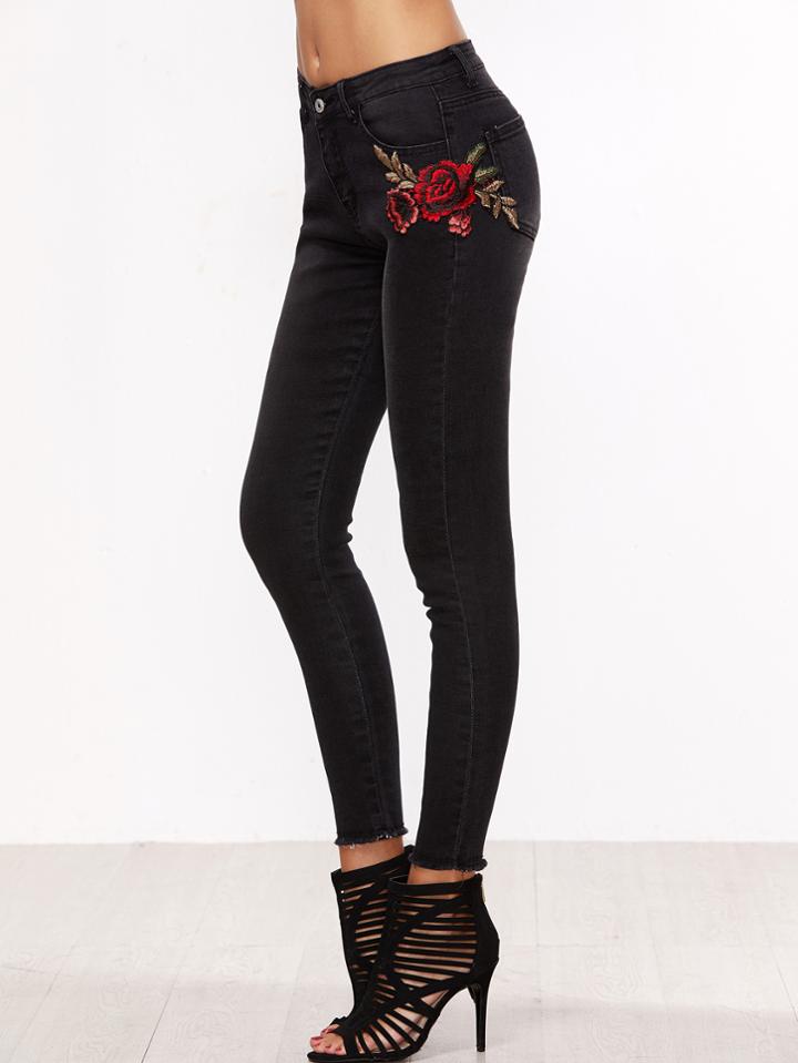 Shein Black Rose Embroidered Frayed Hem Skinny Jeans