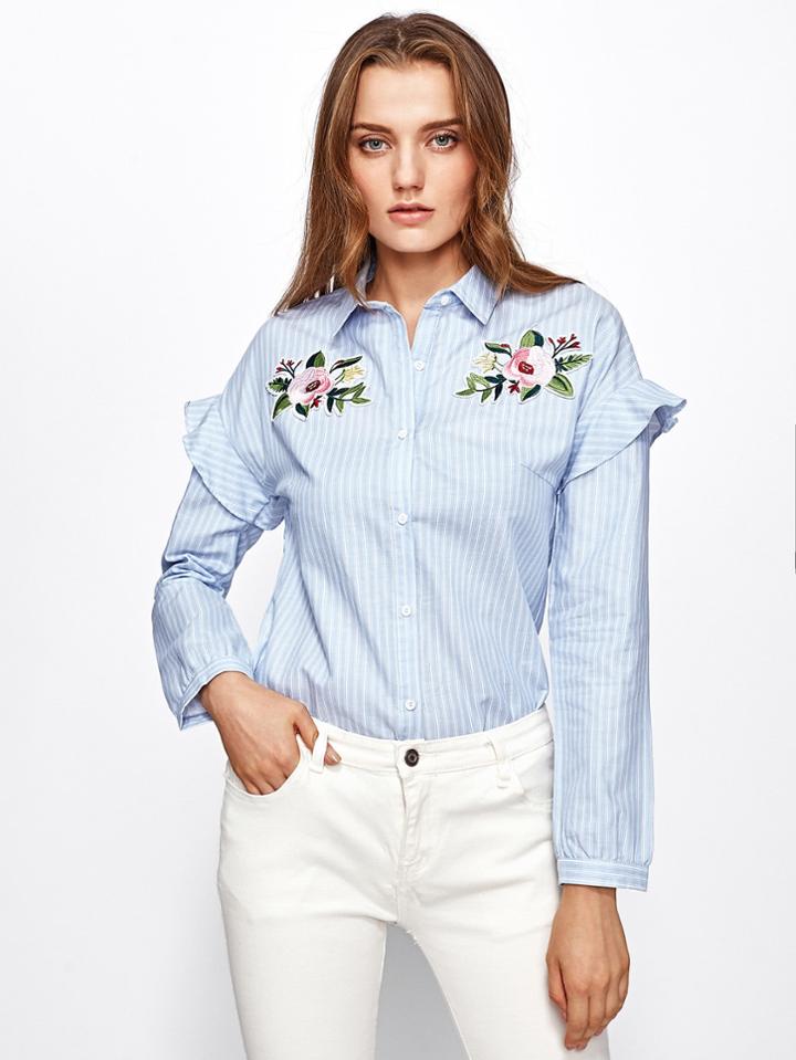 Shein Flower Applique Frill Trim Vertical Striped Blouse