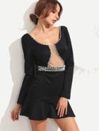 Shein Black Scoop Neck Long Sleeve Beaded Open Back Ruffle Dress