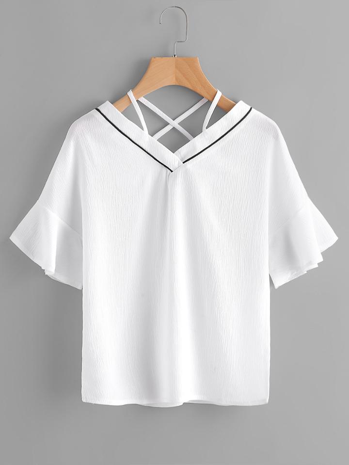 Shein Criss Cross V Neckline Frill Cuff Blouse